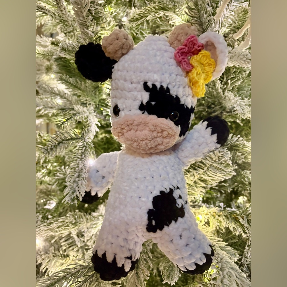 Crochet Cow Plush Toy with Flower Accents